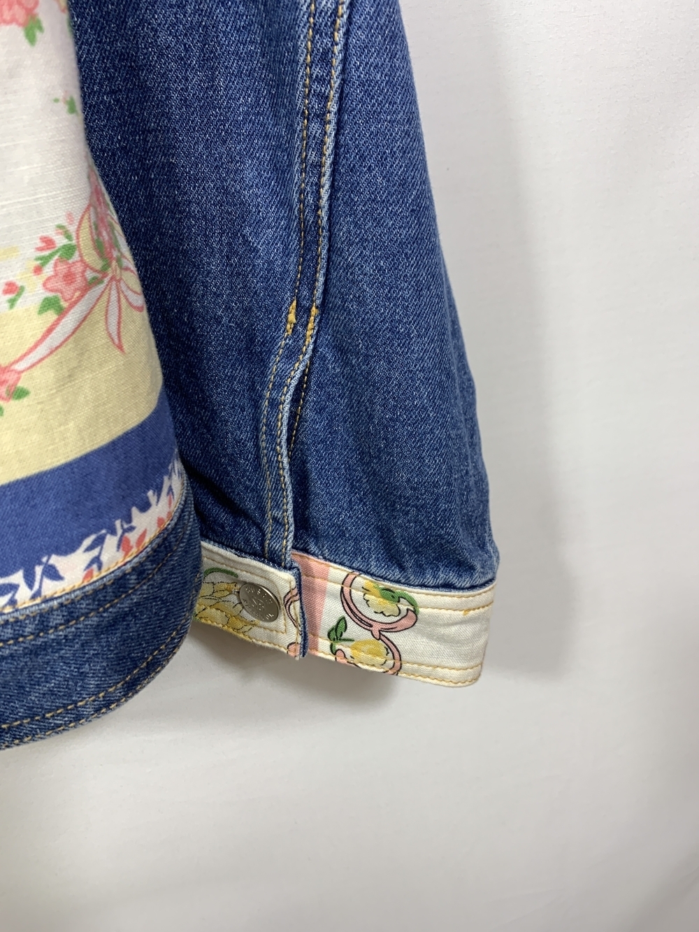 Susan Bristol Blue Denim Jacket with Pastel Floral Bow Patchwork Trim - Picture 9 of 13